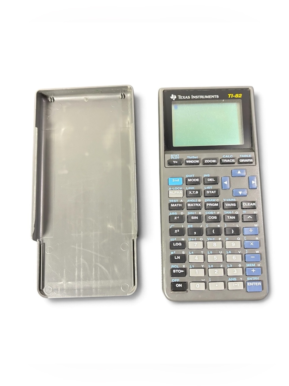 Texas Instruments TI-82 Handheld Calculator in Black and Gray with Blue Keys